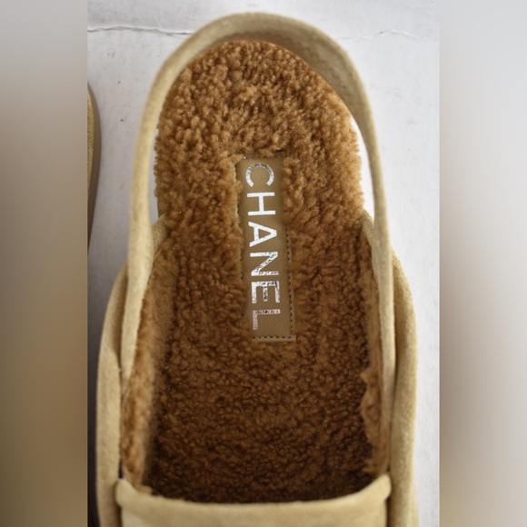 Chanel Dark Beige Suede Shearling CC Moccasin Ballet Slingback Loafer Flat 41 - Picture 12 of 16